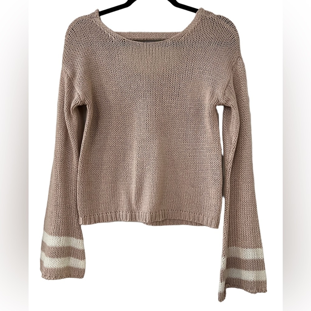 Alya - Francesca’s Blush Pink Cable Knit Cropped Sweater w/ Bell Sleeves